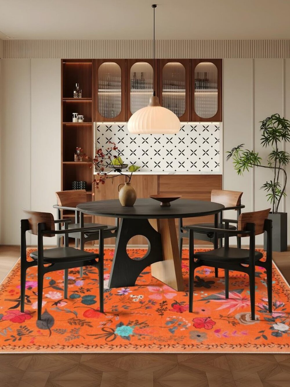Boho Washable Area Rug 5x7 – Floral Low Pile Non-Slip Carpet for Living Room